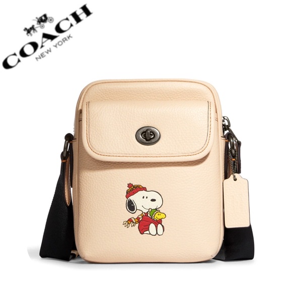 NWT COACH‎ X PEANUTS HERITAGE CROSSBODY WITH SNOOPY MOTIF LEATHER GUNMETAL - Picture 1 of 10